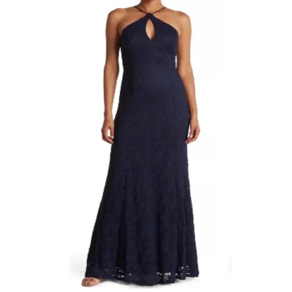 Bebe Halter Neck Lace-Up Back Lace Trumpet Gown Women's Plus 16 Navy Blue